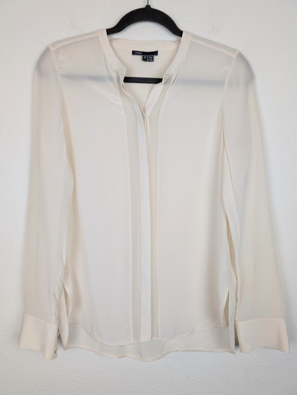 Vince Silk Shirt Blouse Hidden Button Sheer Stripe Classic Career Cream Size 4